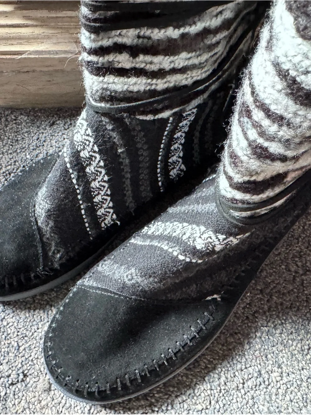 Toms Black and White Patterned Knit-Trim Women's Winter Boots